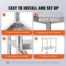 VEVOR Table de Préparation Cuisine Inox Table de Travail avec Roues 45,7x76,2 cm