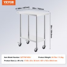 VEVOR Table de Préparation Cuisine Inox Table de Travail avec Roues 45,7x76,2 cm