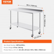 VEVOR Table de Travail en Inox Table de Préparation avec Roulettes 61x152,4 cm