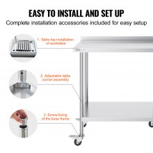 VEVOR Table de Travail Inox Table de Préparation avec Roulettes 91,4 x 61 cm