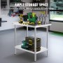 Table de travail en acier inoxydable VEVOR avec outils et espace de rangement dans un garage bien organisé.