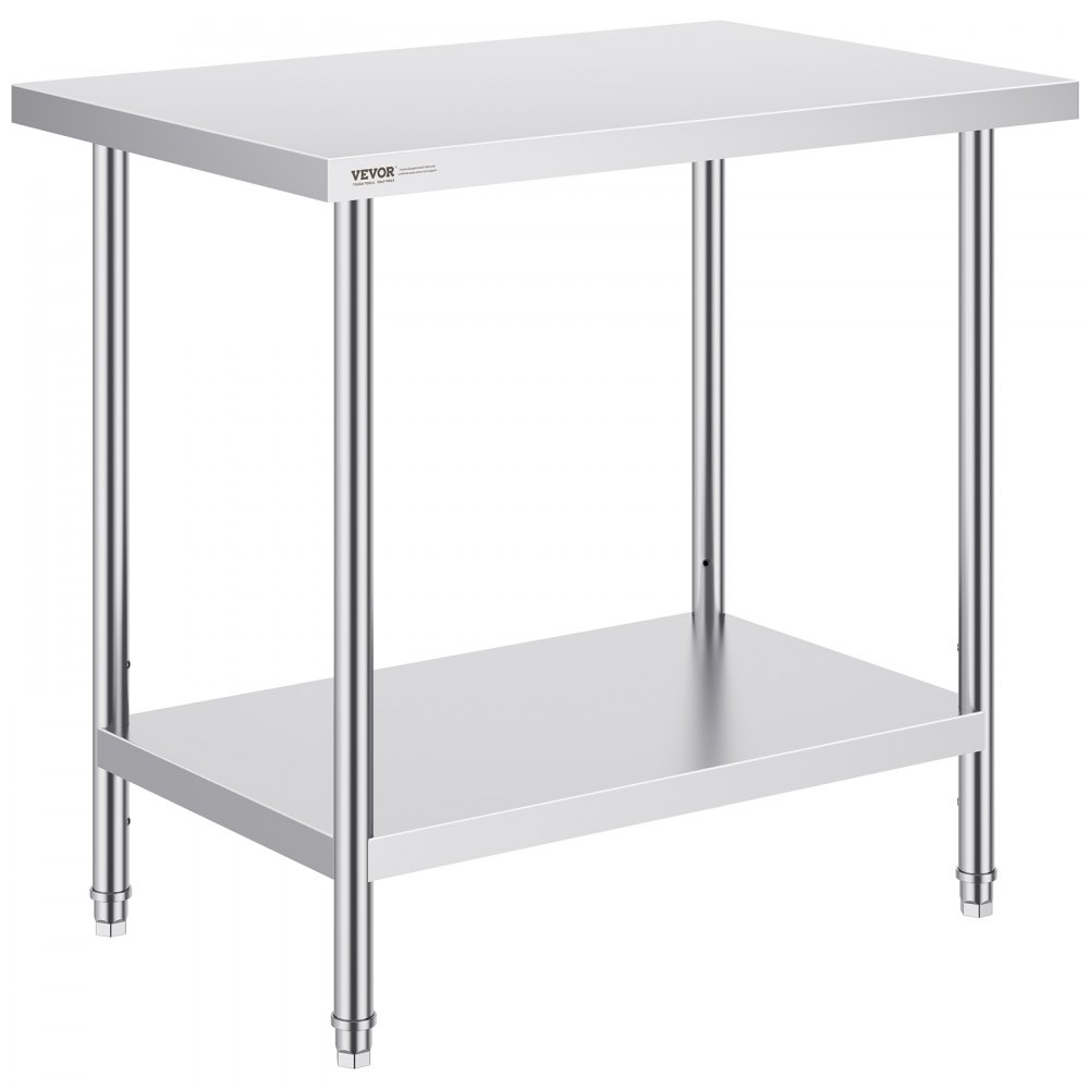 Table de préparation en acier inoxydable VEVOR avec étagère inférieure et construction durable pour les cuisines commerciales.