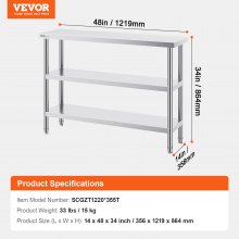 VEVOR Table de Travail en Inox Table de Préparation 35,6x121,9 cm pour Cuisine