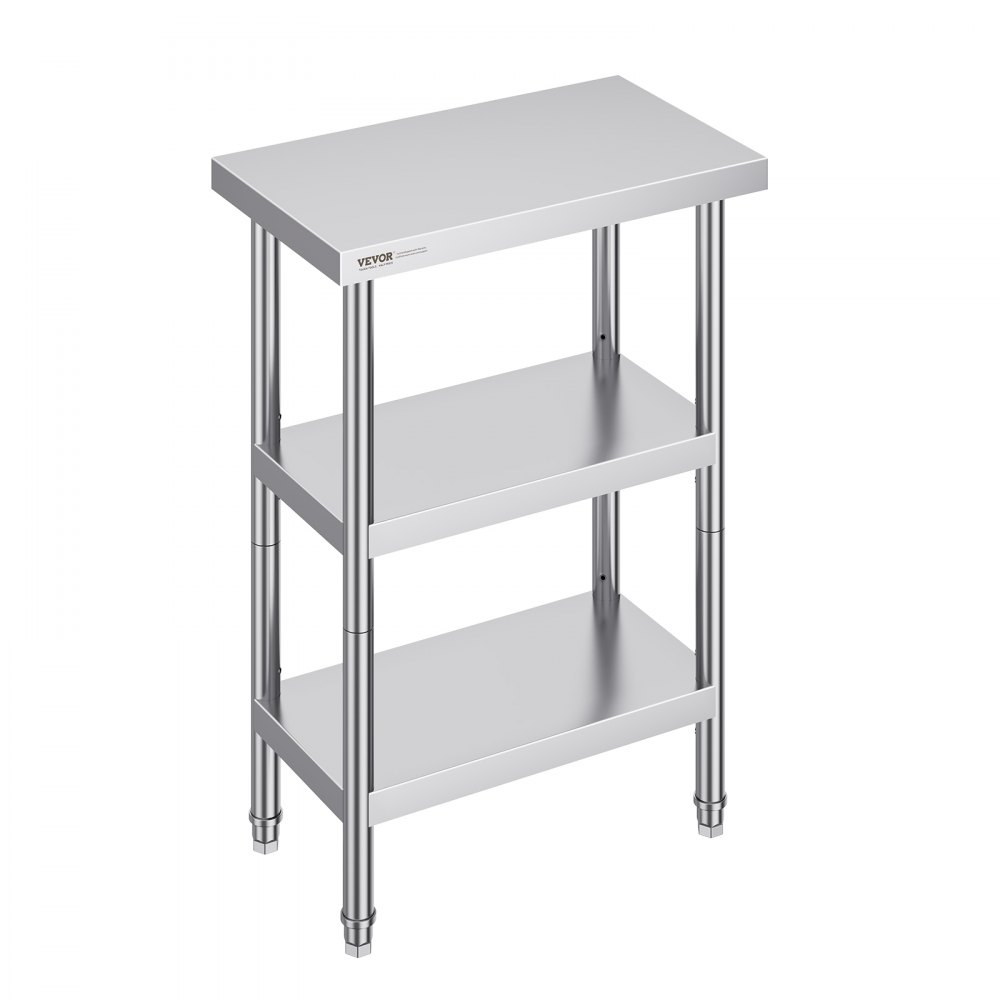 Table de préparation des aliments en acier inoxydable VEVOR à trois niveaux avec étagères réglables et pieds robustes.