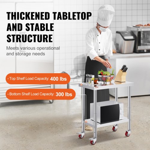 Table Inox VEVOR 76.2x91.4x95.5cm - 4 Roulettes Dont 2 Freinées - Hauteur Réglable - NSF Certifié