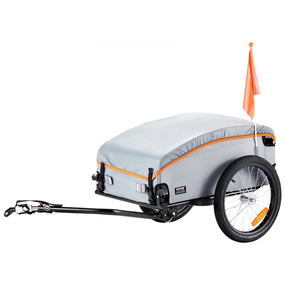 Remorque cargo pour vélo VEVOR avec garniture orange, housse amovible, cadre noir et drapeau de sécurité.