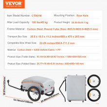 VEVOR Remorque de vélo, capacité de charge de 45 kg, chariot de transport, rangement compact pliable avec attelage, housse imperméable, roues de 406 mm, pour les roues de vélo de 558,8 mm à 711,2 mm