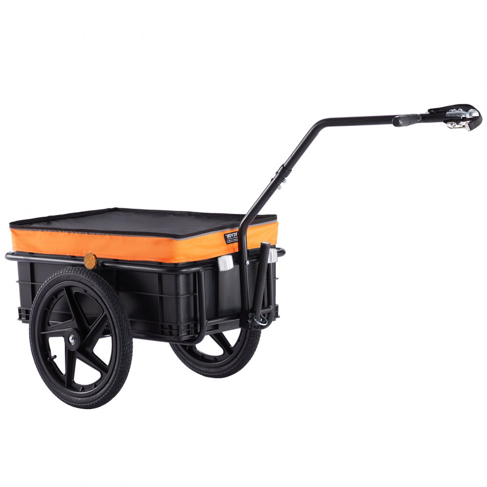 Remorque cargo pour vélo VEVOR avec housse orange, roues noires et cadre noir robuste.