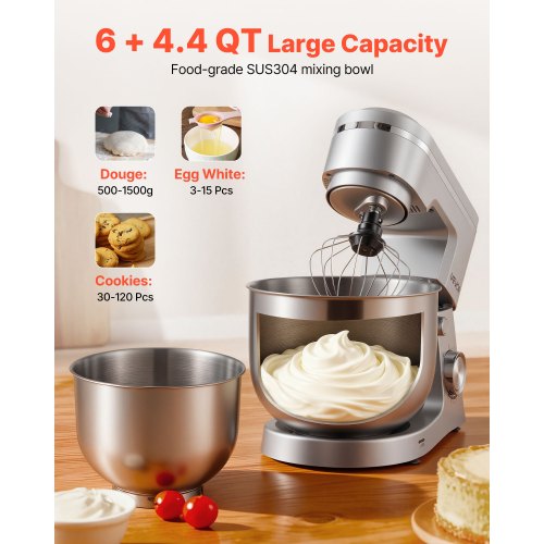 Robot pâtissier VEVOR inox 4,2 L, 1500 W, 10 vitesses + Pulse, tête inclinable, crochet, fouet, batteur, pétrir/mélanger | Leroy Merlin