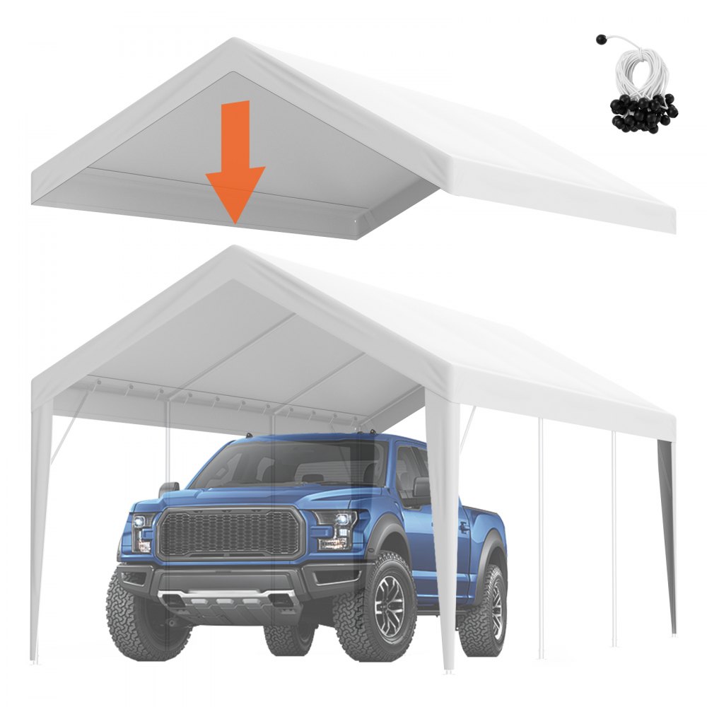 Le toit de carport VEVOR protège un camion bleu, comprend les accessoires d'installation.