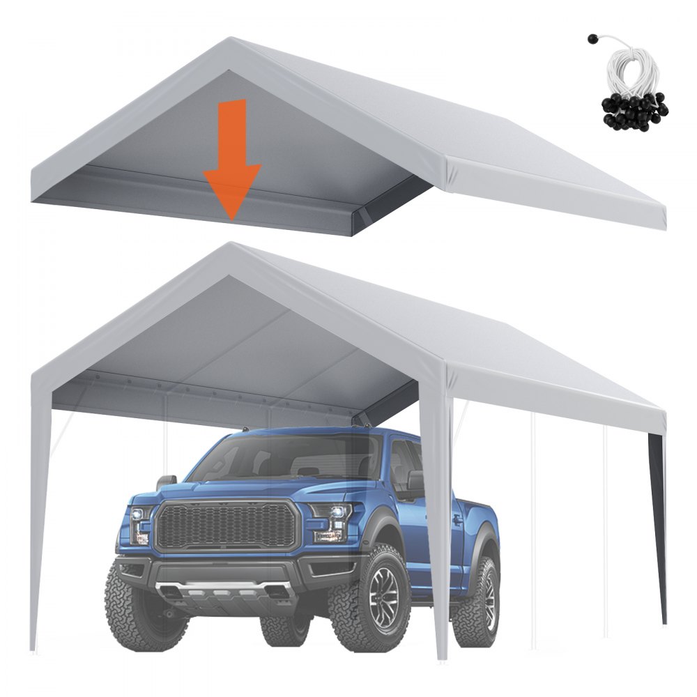 camion bleu garé sous l'auvent du carport VEVOR avec accessoires et vue latérale de la structure de la couverture.