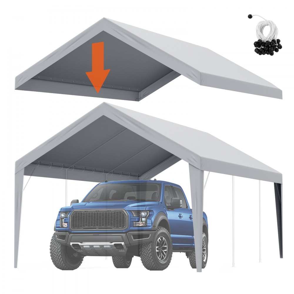 Auvent de carport VEVOR avec un camion bleu, schéma de montage et kit d'accessoires.