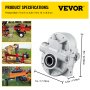 Pompe hydraulique VEVOR avec dimensions et applications de fendage de bois présentées sur les photos.