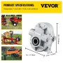 Spécifications du produit de pompe hydraulique VEVOR avec images d'applications de fendage de bois.