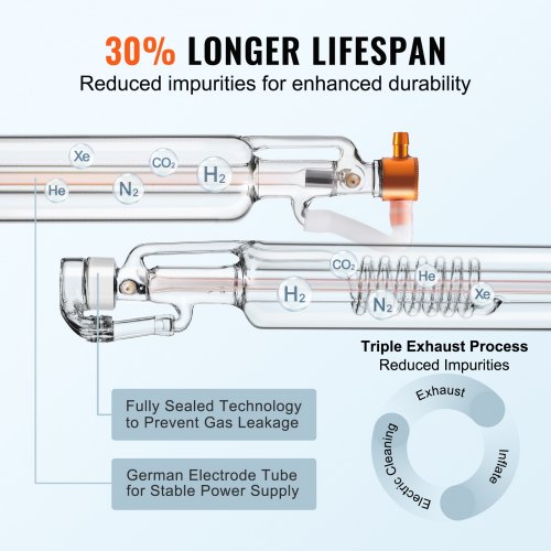 Tube Laser CO2 VEVOR 80W En Verre - 1250mm De Long - Pour Graveur/découpeuse Laser - Neuf