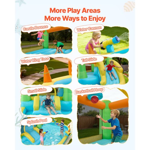 VEVOR Château Gonflable, Aire de Jeux Gonflable Extérieur avec Toboggan Aquatique, Kiosque de Jeu, Piscine, Zone de Saut, Canon à Eau, Souffleur Inclus, pour 3 à 4 Enfants de 3 à 8