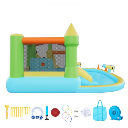 VEVOR Château Gonflable Géant 382x398x197 Cm Avec Toboggans Aquatiques, Piscine, Panier Basket Et Canon à Eau – Pour 3-4 Enfants