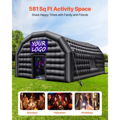Tente de Fête Gonflable, 5,4x5x4,25 m, Tente Cube Gonflable, Discothèque Boîte de Nuit Club à Gonfler avec Souffleur 680 W, Sac de Sable, 2 Fenêtres, pour Évènement, Anniversaire, Mariage, Noir | FR