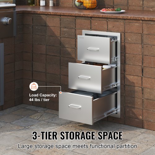 Tiroirs De Cuisine Extérieure En Acier Inoxydable - 3 Tiroirs, 42x52x73.6 Cm, Avec Porte-essuie-tout, Pour îlot Barbecue
