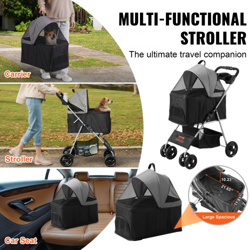 Poussette Pliable Pour Chien Et Chat Pro.tec - 73x46x100 Cm Gris Avec Toit Protection, Roues Freins Et Porte-Gobelet