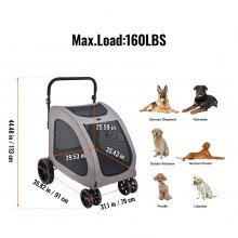 VEVOR Poussette pour Animaux de Compagnie Chien 4 Roues Capacité Charge 73 kg