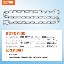 VEVOR Chaîne d'Ancre de Bateau en Acier Inoxydable 6 mm x 1,2 m Deux Manilles