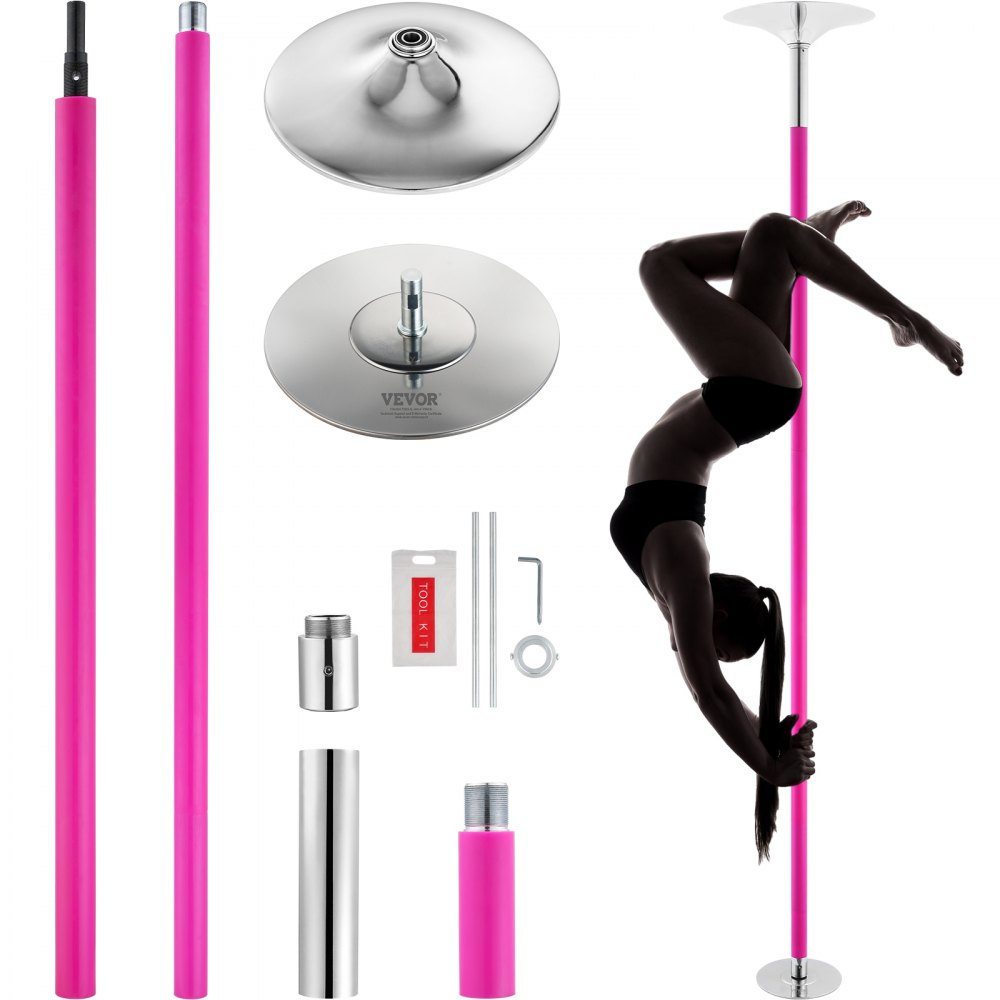 Kit de poteau de danse professionnel VEVOR avec segments roses, outils et un danseur démontrant un mouvement inversé.