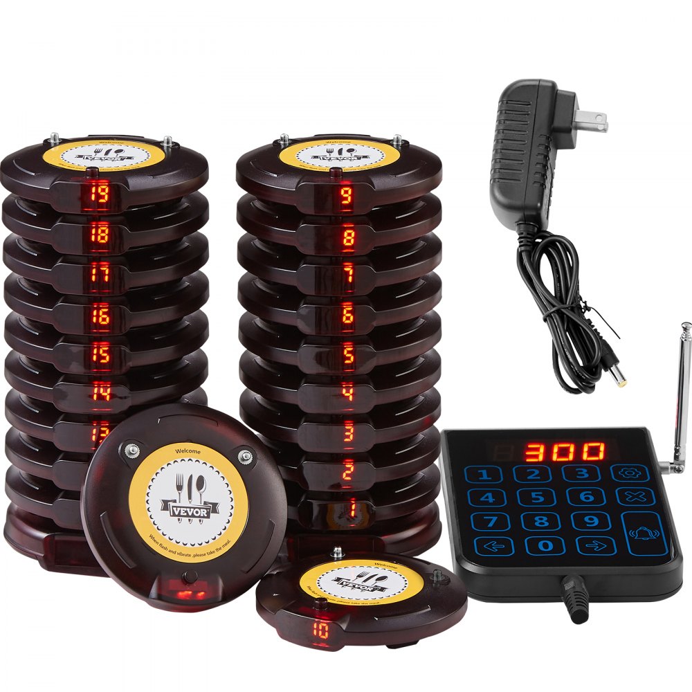 VEVOR Système de Téléavertisseur de Restaurant, Bipeurs Restaurant sans Fil Longue Portée de 500 m, avec Vibration et Clignotant, 20 Buzzers pour File d'Attente, Camion Restaurant, Café, Magasin