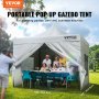 Auvent pop-up VEVOR pour événements en plein air, présenté avec des personnes savourant un repas sous l'abri blanc.