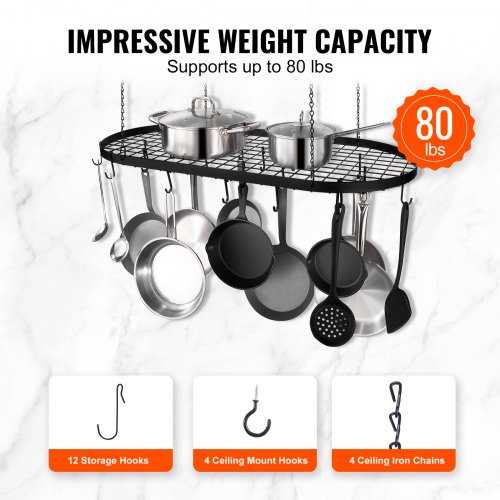 Support à Casseroles Suspendu Vintage – 12 Crochets, Style Ferme, Plafond Cuisine 61x33x6 Cm Noir