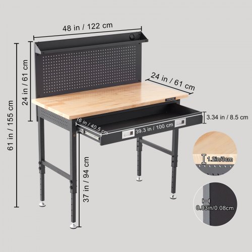 Établi Hauteur Réglable 71,1-100,3 Cm Table De Travail De Garage Atelier Bois Dur, Charge 907 Kg, Plan De Travail 122x61 Cm, Planche De Chêne Et Acier Au Carbone, Établi Avec Prises De