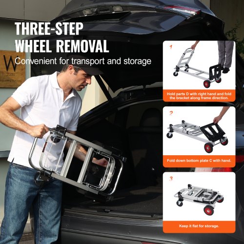 Chariot Diable Pliable 6 Roues - Capacité 226 Kg, Poignée Réglable, Sac Inclus