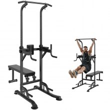 VEVOR Chaise Romaine avec Banc, Barre de Traction sur Pied Réglable en Hauteur sur 10 Niveaux 200 kg, Équipement d'Entraînement de Force Multifonction avec Dossier Coudières, Station de Dips Fitness