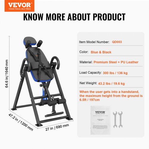 Table D'inversion VEVOR – Pliable, Réglable En Hauteur (147-185 Cm) Et Angle (20/40/60°), Avec Coussin Mémoire De Forme, Ceinture De Sécurité, Capacité 136 Kg