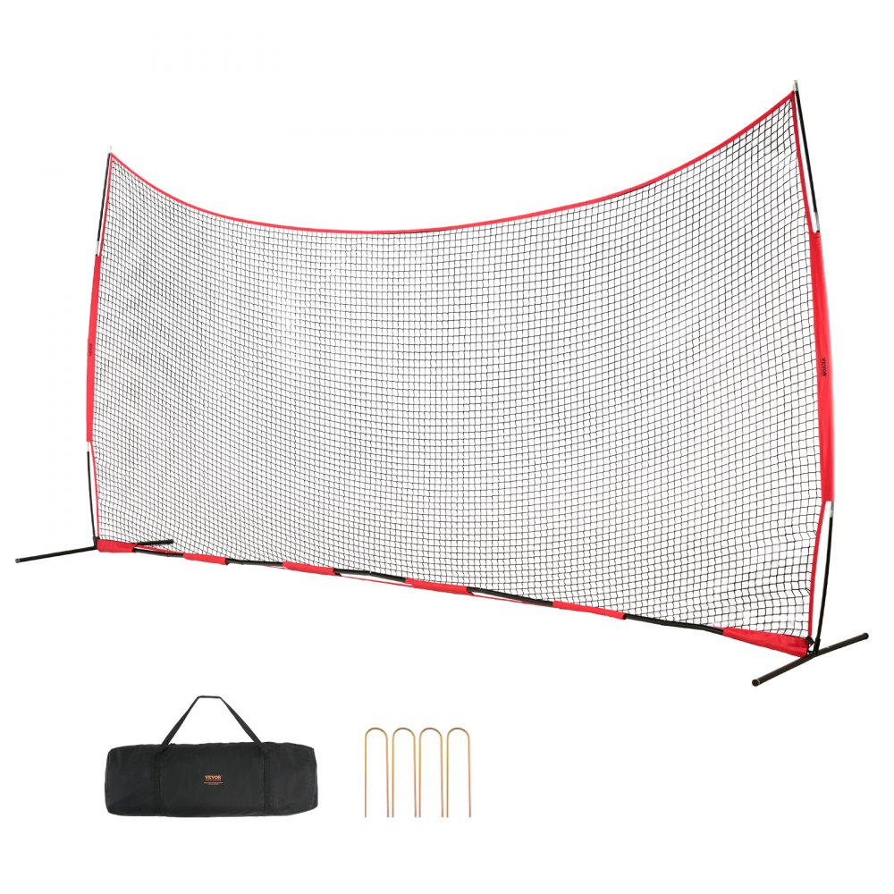 Filet de protection VEVOR avec cadre rouge, sac de transport et quatre piquets de sol. parfait pour la pratique sportive.