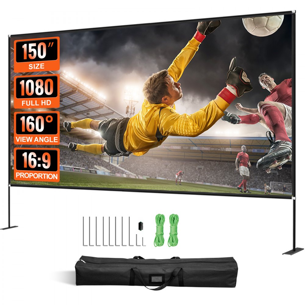 Écran de projection VEVOR, 150" 16:9 full hd avec angle de vue 160°, image sportive.