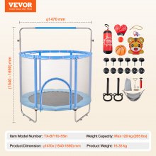 VEVOR Mini trampoline fitness rebounder pour enfants avec filet 1470 mm bleu