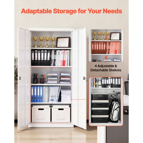 Armoire de Bureau en Métal, Meuble de Rangement Verrouillable en Acier avec 2 Portes Magnétiques et 4 Étagères Réglables Hauteur 180 cm Charge 90 kg par Étagère, pour Bureau Maison Garage Blanc | FR