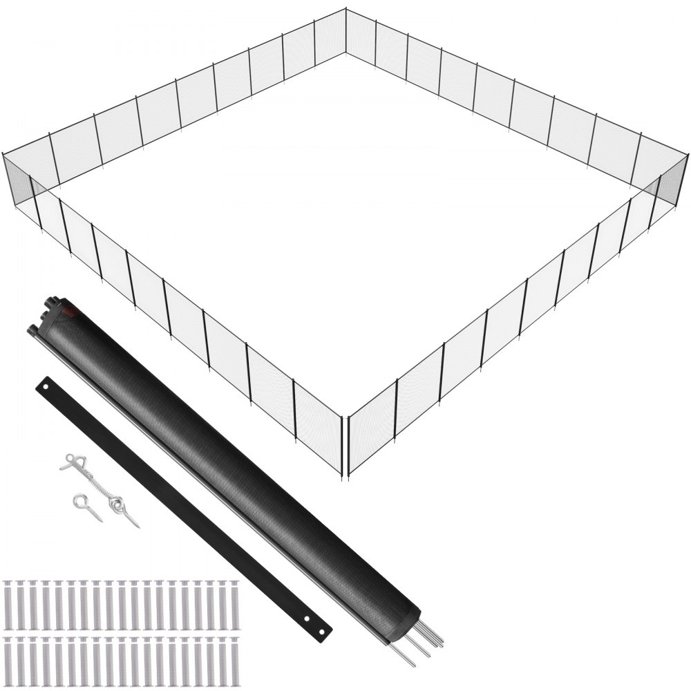 Clôture de piscine VEVOR avec panneaux grillagés, poteaux noirs, vis et outils d'installation.