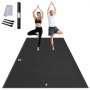 Tapis d'exercice VEVOR avec deux personnes en posture de yoga, accessoires dont une serviette et deux sangles illustrées.