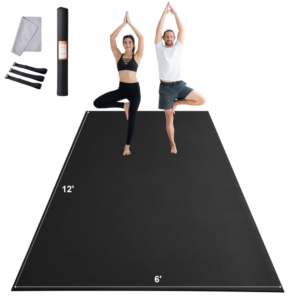 personnes faisant du yoga sur un grand tapis d'exercice VEVOR avec une serviette, des sangles et un rouleau de tapis inclus.