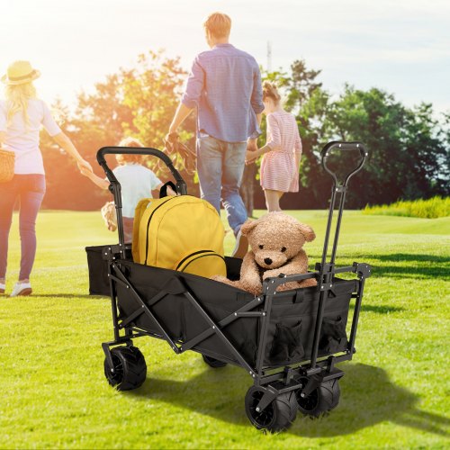 COSTWAY Grand Chariot de Plage Pliable avec Caisses de Rangement à 2 Niveaux, Chariot Portable avec 5 Roues Pivotantes Poignée Télescopique en Métal, pour Courses Camping Déménagement (Noir