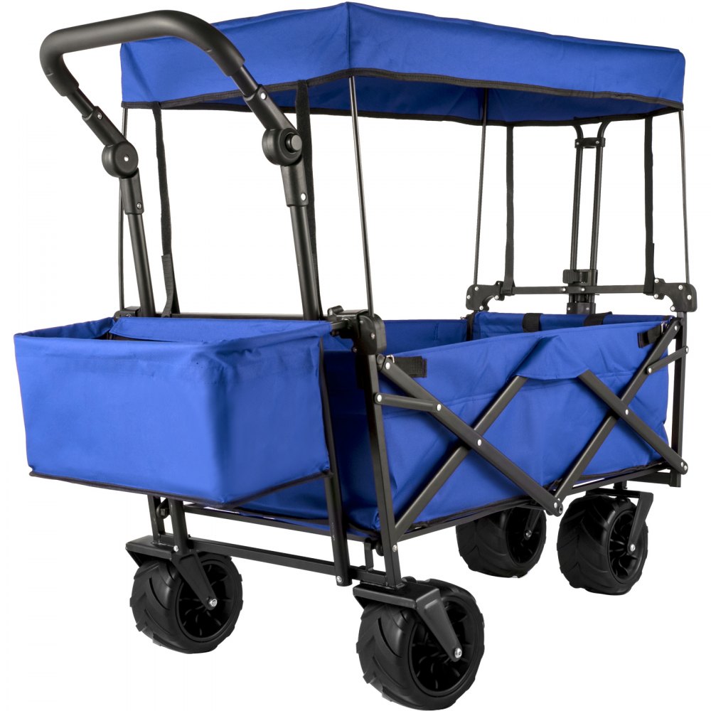 Chariot de jardin pliable bleu VEVOR avec auvent et roues noires robustes.