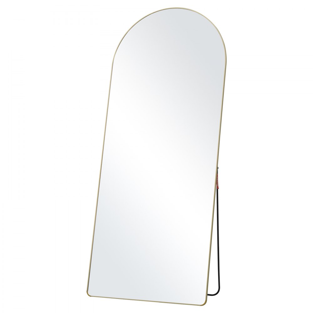 Miroir pleine longueur VEVOR avec un dessus arqué, un cadre doré et un support pour placement au sol, design minimaliste.