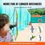 enfant utilisant un ensemble arc et flèches pour enfants VEVOR visant une cible, avec un texte mettant en évidence la distance de tir.