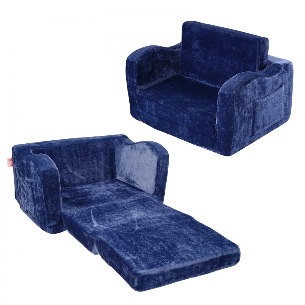 VEVOR Fauteuil pour enfant canapé pliable en tissu de flanelle sofa 2 en 1 bleu