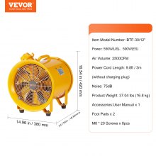 VEVOR Ventilateur d'Extraction 550 W Extracteur d'Air Industriel 304,8 mm Volume d'Air 4247 m3/h Cordon Alimentation 3 m Sans Prise de Charge Ventilateur Portable pour Extraire Poussière Fumée Maison