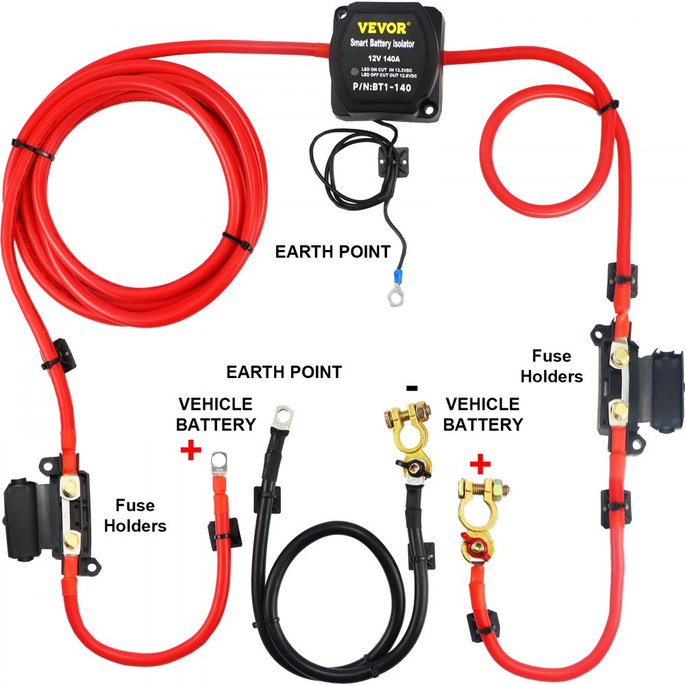 Kit de relais de charge divisé VEVOR avec câbles, porte-fusibles, connecteurs de batterie et points de terre.