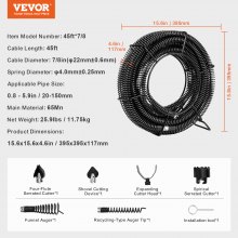 VEVOR Câble nettoyage canalisation 13,7 m 22 mm 6 coupeurs pour tuyaux 20-150 mm