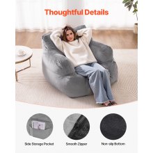 VEVOR Pouf Fauteuil Pouf avec Accoudoirs Canapé pour Adultes Peluche Gris Salon